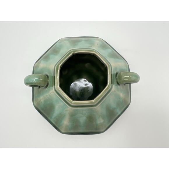 Anthropologie Celadon Drip Glaze Lidded Octagon Shaped Sugar Bowl Jar w Handles - Picture 3 of 9